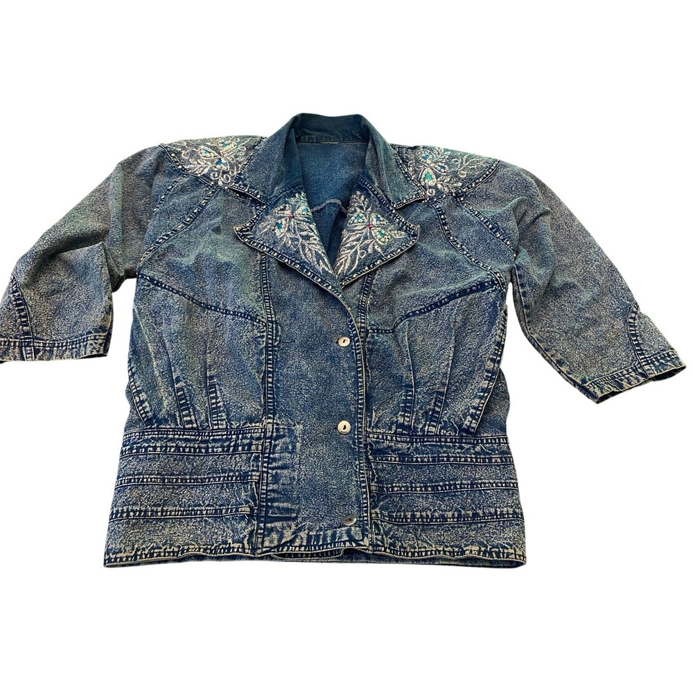 ⁠Vintage 80s Acid Wash Denim Jacket Rhinestone Sequin Studded Western M/L